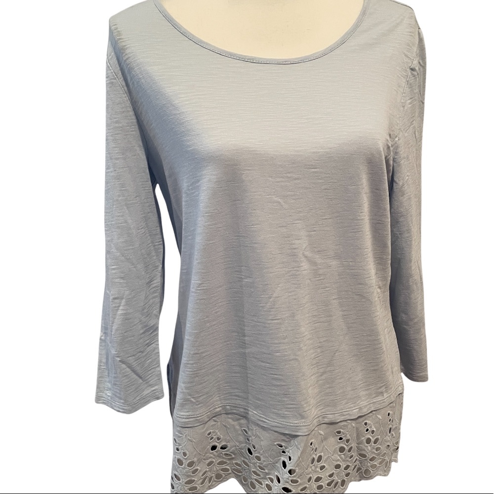 Chico’s pale blue tunic with eyelet lace detail in size Medium